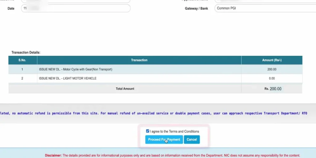 Pay DL application fee